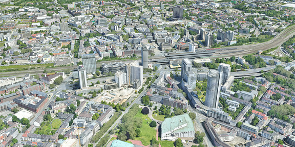 Schräges Satellitenbild - Innenstadt, Essen (Google Earth)
