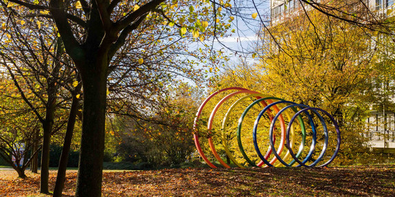 TU Dortmund im Herbst Spektralringe aus Stahl umgeben von Bäumen im Herbst.